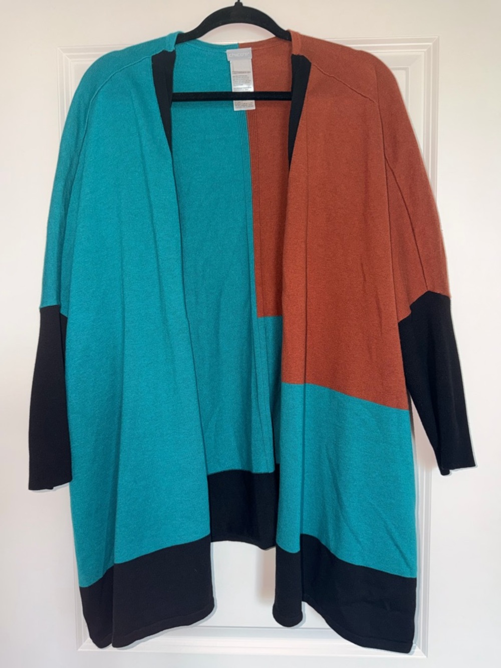 Chico’s Colorblock Open Front Women's Cardigan Sweater - Teal, Rust & Black